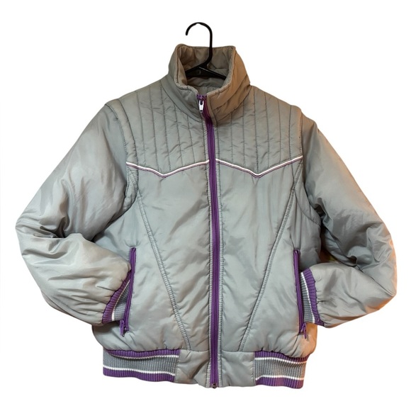 Women's Gray and Purple Puffer Jacket with Removable Sleeves - Picture 1 of 13